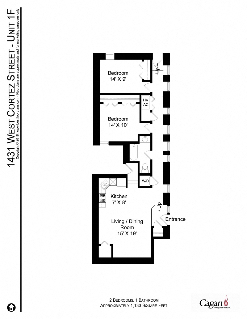 Floor plan for 2 beds, 1 bath, 1088 sqft